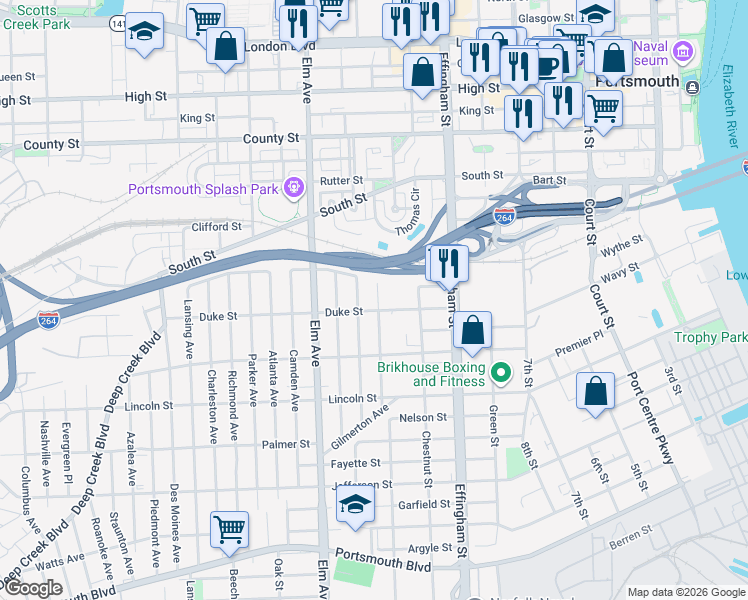 map of restaurants, bars, coffee shops, grocery stores, and more near 1437 Lasalle Avenue in Portsmouth