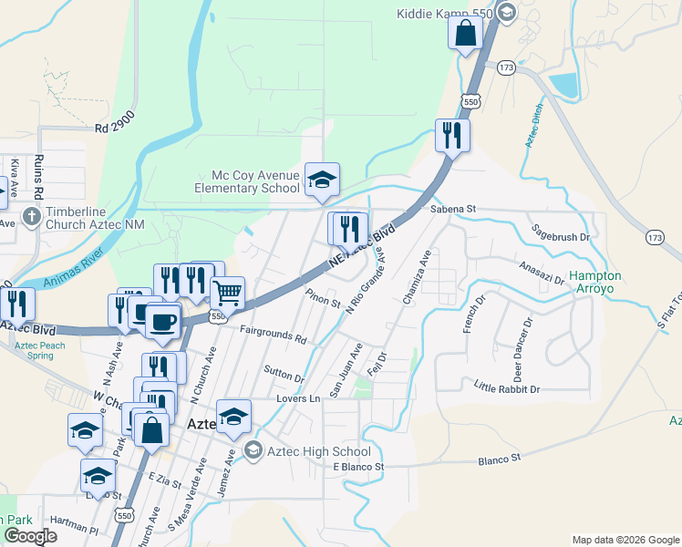 map of restaurants, bars, coffee shops, grocery stores, and more near 809 Baird Circle in Aztec