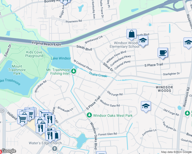 map of restaurants, bars, coffee shops, grocery stores, and more near 3932 Waterside Court in Virginia Beach