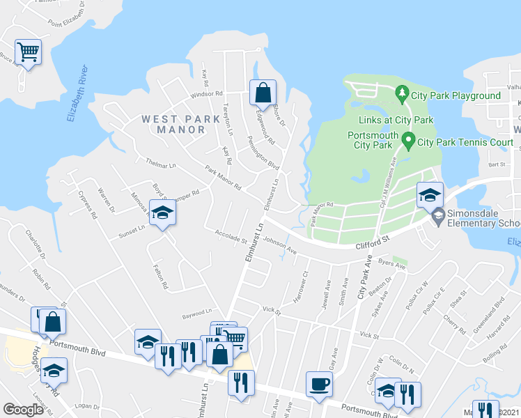 map of restaurants, bars, coffee shops, grocery stores, and more near 201 Park Manor Road in Portsmouth