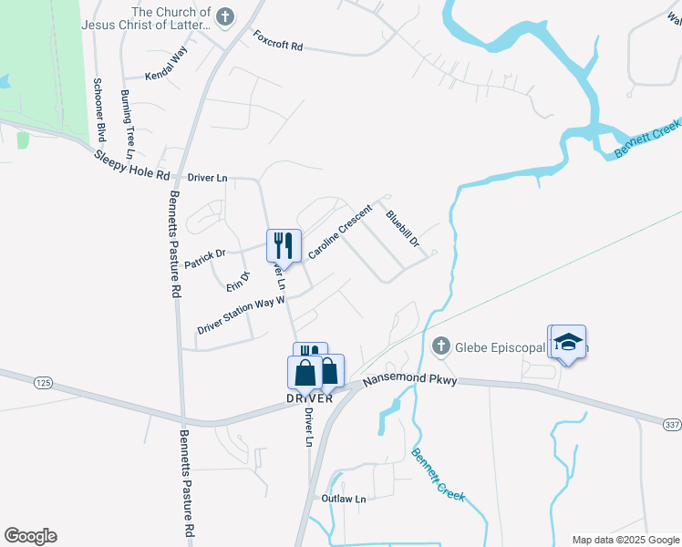 map of restaurants, bars, coffee shops, grocery stores, and more near 3114 Driver Station Way in Suffolk