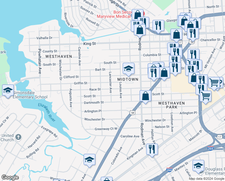 map of restaurants, bars, coffee shops, grocery stores, and more near 3923 Race Street in Portsmouth