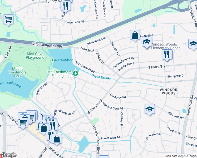 map of restaurants, bars, coffee shops, grocery stores, and more near 3932 Waterside Court in Virginia Beach