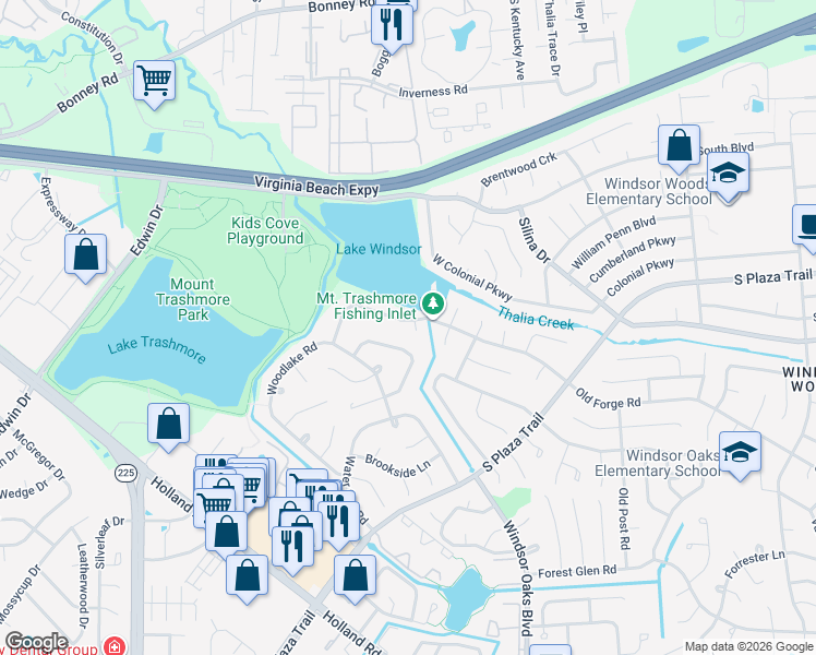map of restaurants, bars, coffee shops, grocery stores, and more near 501 Windsor Castle Court in Virginia Beach