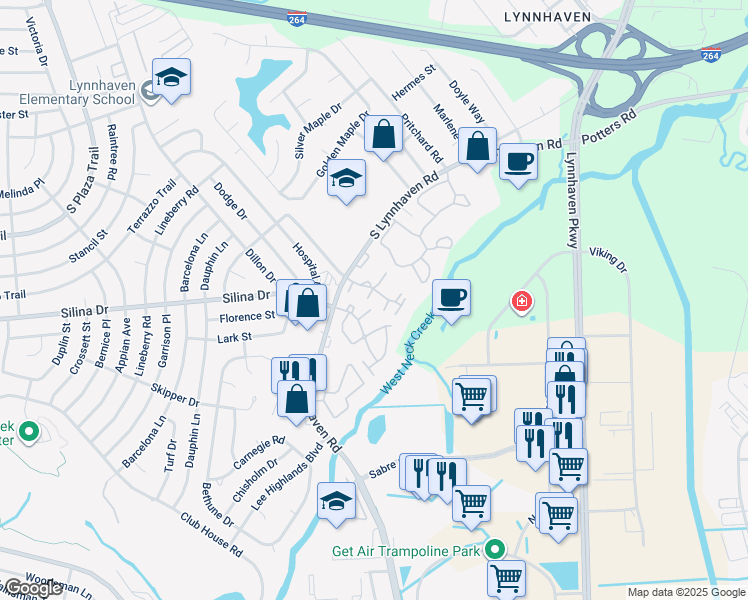 map of restaurants, bars, coffee shops, grocery stores, and more near 410 Nottinghill Park in Virginia Beach
