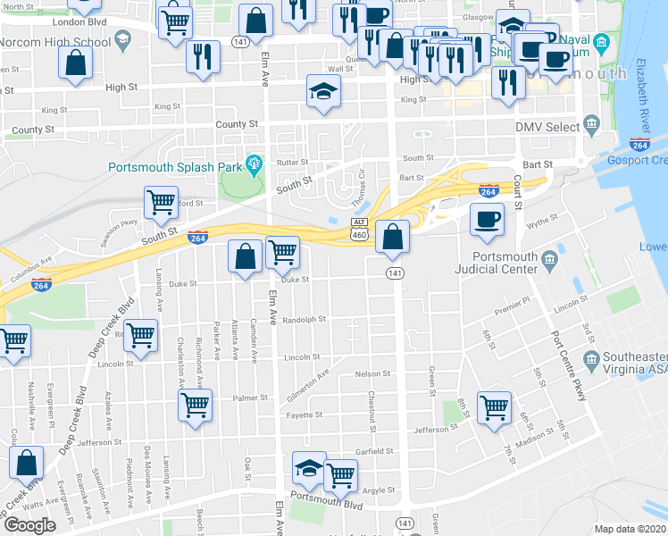 map of restaurants, bars, coffee shops, grocery stores, and more near 1437 Lasalle Avenue in Portsmouth