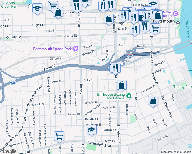 map of restaurants, bars, coffee shops, grocery stores, and more near 1437 Lasalle Avenue in Portsmouth