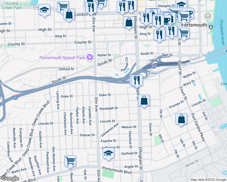 map of restaurants, bars, coffee shops, grocery stores, and more near 1440 Lasalle Avenue in Portsmouth