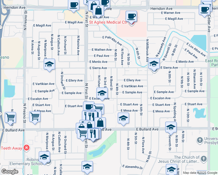 map of restaurants, bars, coffee shops, grocery stores, and more near 6269 North Bond Street in Fresno