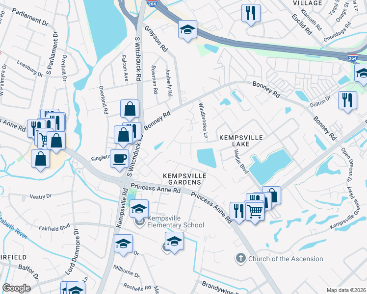 map of restaurants, bars, coffee shops, grocery stores, and more near 4913 Woods Edge Road in Virginia Beach