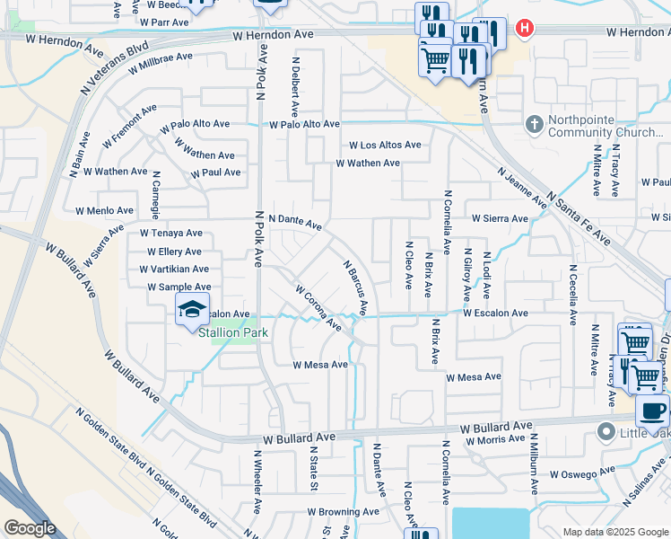 map of restaurants, bars, coffee shops, grocery stores, and more near 6362 North Delbert Avenue in Fresno