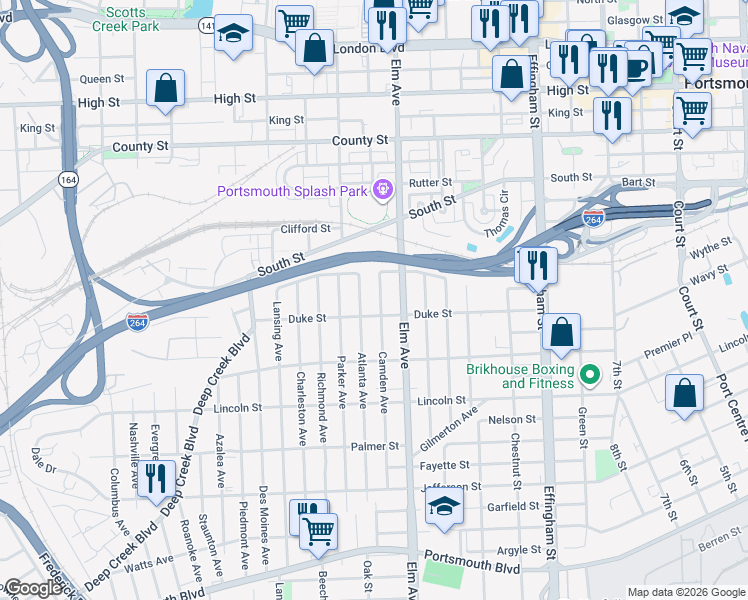 map of restaurants, bars, coffee shops, grocery stores, and more near 1400 Camden Avenue in Portsmouth