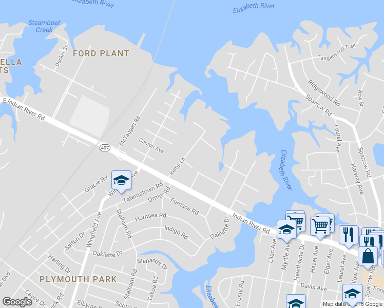 map of restaurants, bars, coffee shops, grocery stores, and more near 405 Kemp Lane in Chesapeake
