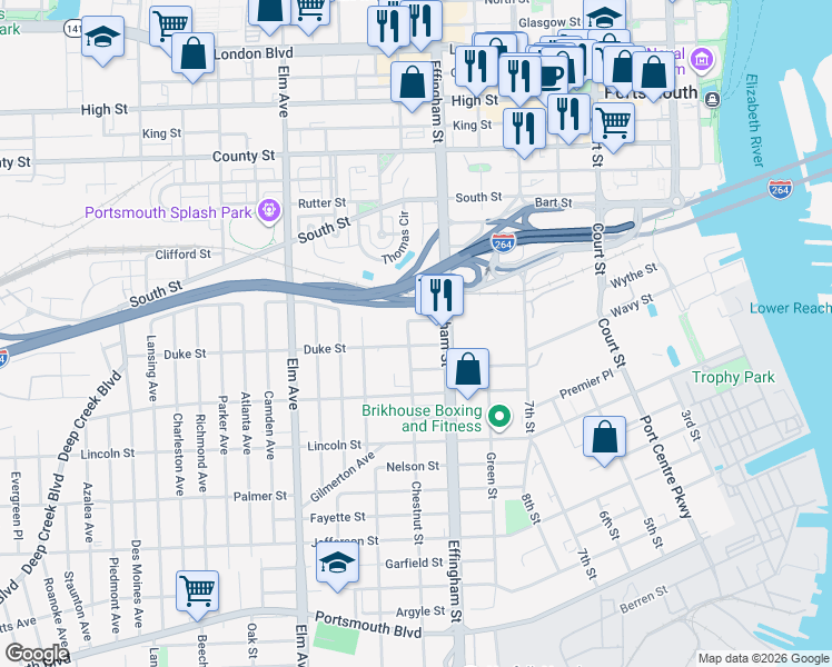 map of restaurants, bars, coffee shops, grocery stores, and more near 1417 Chestnut Street in Portsmouth