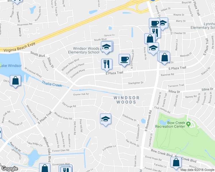 map of restaurants, bars, coffee shops, grocery stores, and more near 3760 Silina Drive in Virginia Beach