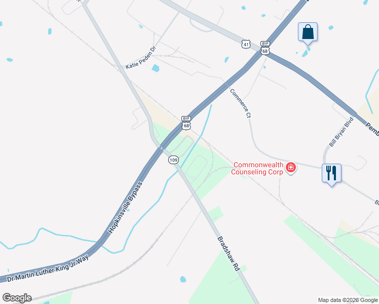 map of restaurants, bars, coffee shops, grocery stores, and more near 41 Yoakum Circle in Hopkinsville