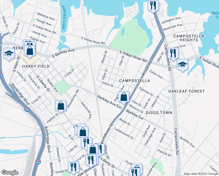 map of restaurants, bars, coffee shops, grocery stores, and more near 901 Joyce Street in Norfolk