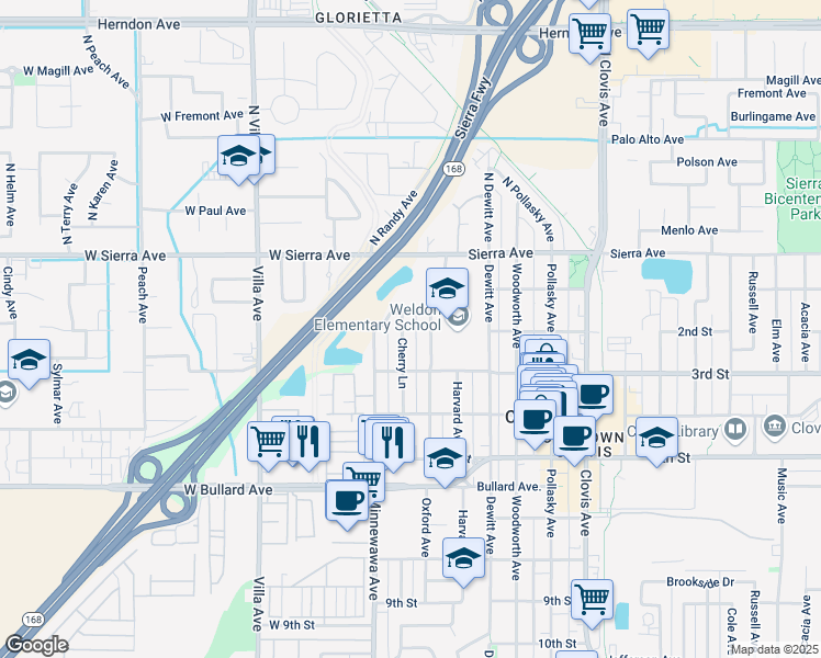 map of restaurants, bars, coffee shops, grocery stores, and more near 227 Cherry Lane in Clovis