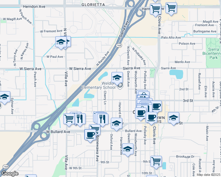 map of restaurants, bars, coffee shops, grocery stores, and more near 227 Cherry Lane in Clovis