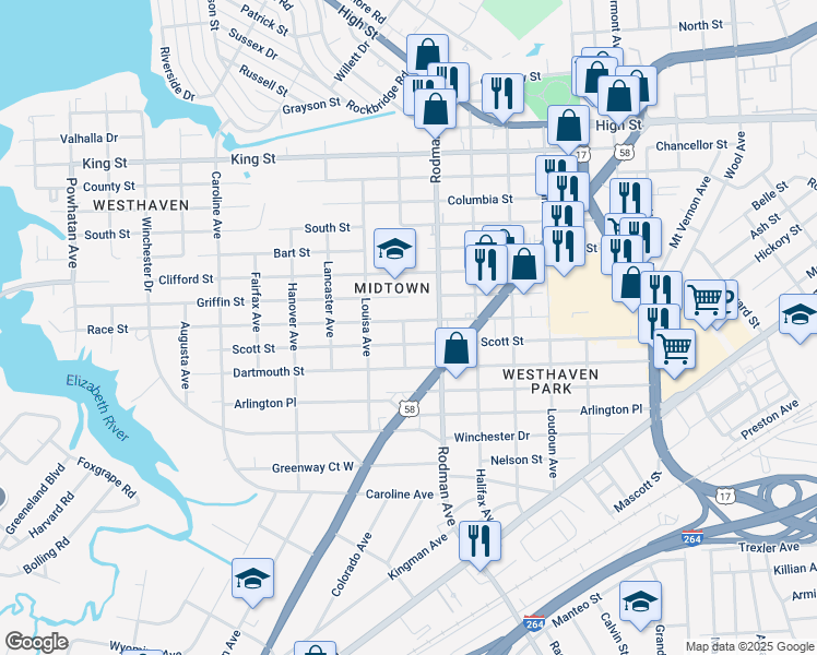 map of restaurants, bars, coffee shops, grocery stores, and more near 3723 Race Street in Portsmouth