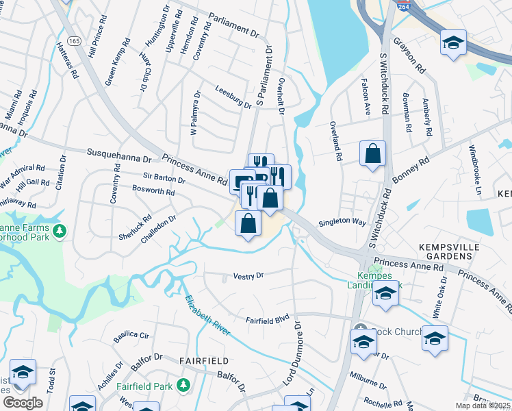 map of restaurants, bars, coffee shops, grocery stores, and more near 5277 Princess Anne Road in Virginia Beach
