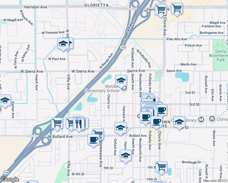 map of restaurants, bars, coffee shops, grocery stores, and more near 227 Cherry Lane in Clovis