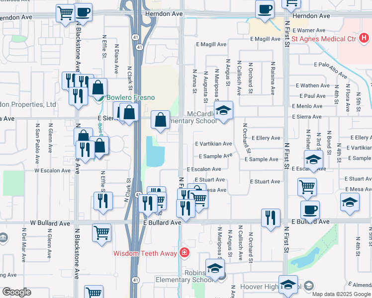 map of restaurants, bars, coffee shops, grocery stores, and more near 6280 North Fresno Street in Fresno