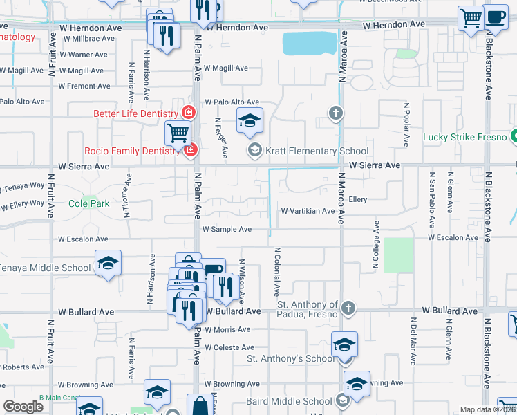 map of restaurants, bars, coffee shops, grocery stores, and more near 6260 North Palm Avenue in Fresno