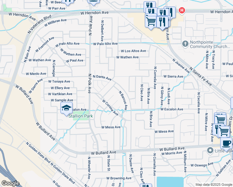 map of restaurants, bars, coffee shops, grocery stores, and more near 6362 North Delbert Avenue in Fresno