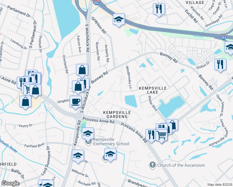 map of restaurants, bars, coffee shops, grocery stores, and more near 4913 Woods Edge Road in Virginia Beach