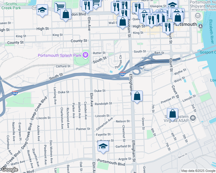 map of restaurants, bars, coffee shops, grocery stores, and more near 1437 Lasalle Avenue in Portsmouth