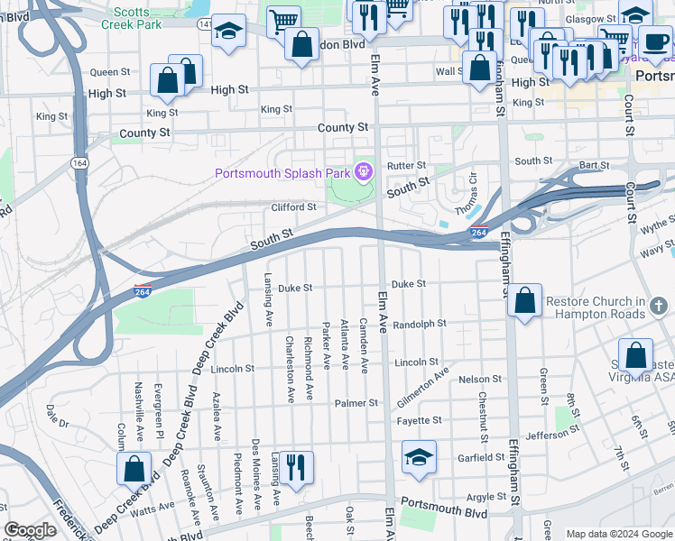 map of restaurants, bars, coffee shops, grocery stores, and more near 1400 Camden Avenue in Portsmouth