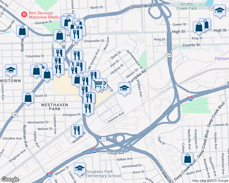 map of restaurants, bars, coffee shops, grocery stores, and more near 102 Howard Street in Portsmouth