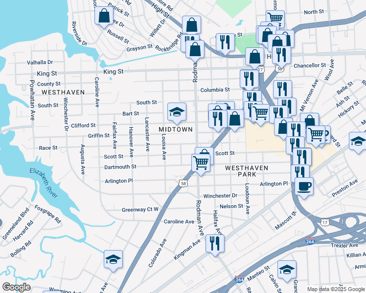 map of restaurants, bars, coffee shops, grocery stores, and more near 3723 Race Street in Portsmouth