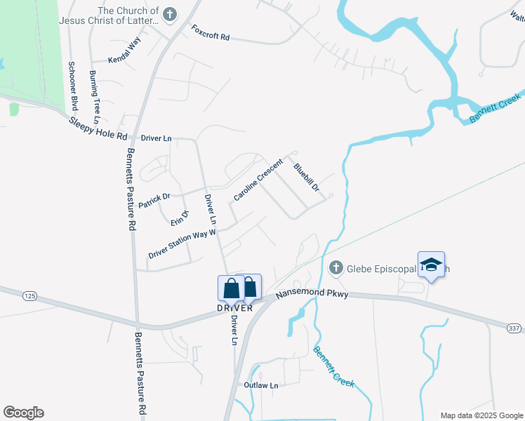 map of restaurants, bars, coffee shops, grocery stores, and more near 3114 Driver Station Way in Suffolk