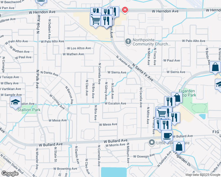 map of restaurants, bars, coffee shops, grocery stores, and more near 6308 North Lodi Avenue in Fresno