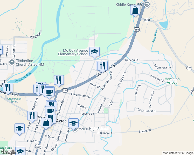 map of restaurants, bars, coffee shops, grocery stores, and more near 809 Baird Circle in Aztec