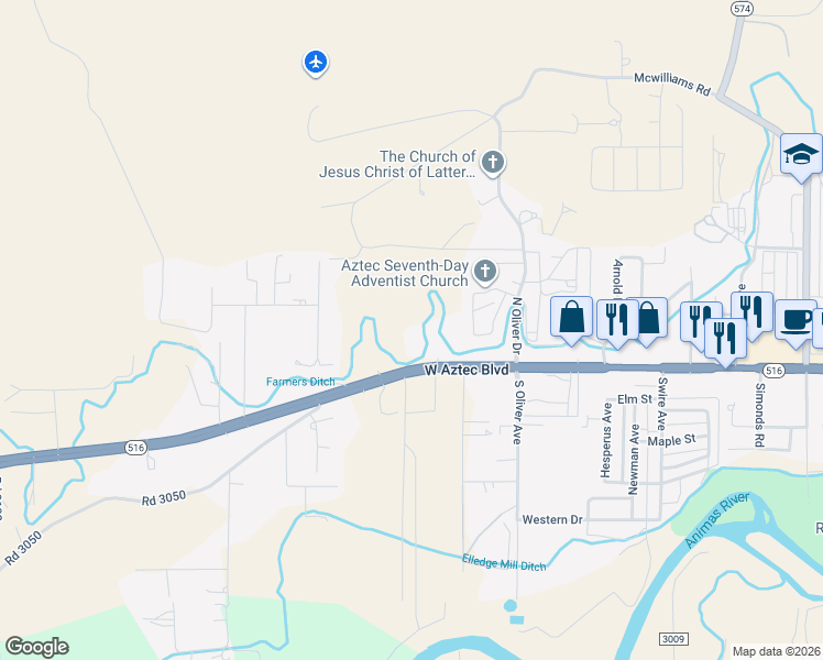map of restaurants, bars, coffee shops, grocery stores, and more near 2121 West Aztec Boulevard in Aztec