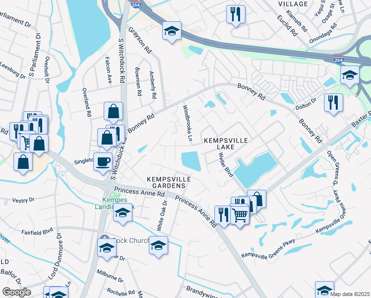 map of restaurants, bars, coffee shops, grocery stores, and more near 304 Elderwood Court in Virginia Beach