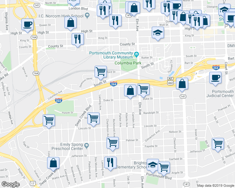 map of restaurants, bars, coffee shops, grocery stores, and more near 1400 Parker Avenue in Portsmouth