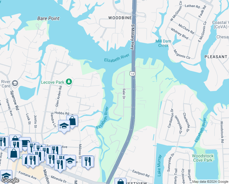 map of restaurants, bars, coffee shops, grocery stores, and more near 3461 South Crestline Drive in Virginia Beach