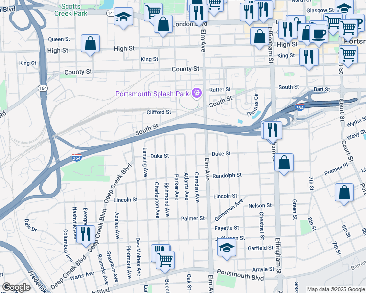 map of restaurants, bars, coffee shops, grocery stores, and more near 1400 Camden Avenue in Portsmouth