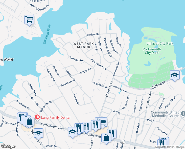map of restaurants, bars, coffee shops, grocery stores, and more near 608 Gladstone Avenue in Portsmouth