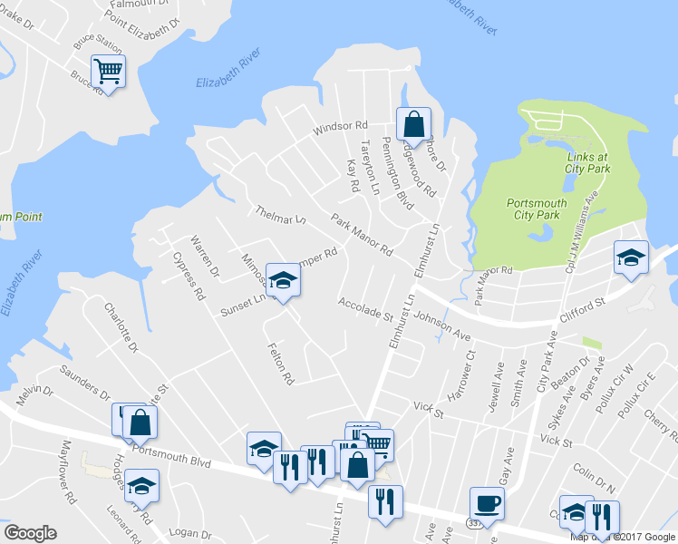 map of restaurants, bars, coffee shops, grocery stores, and more near 608 Gladstone Avenue in Portsmouth
