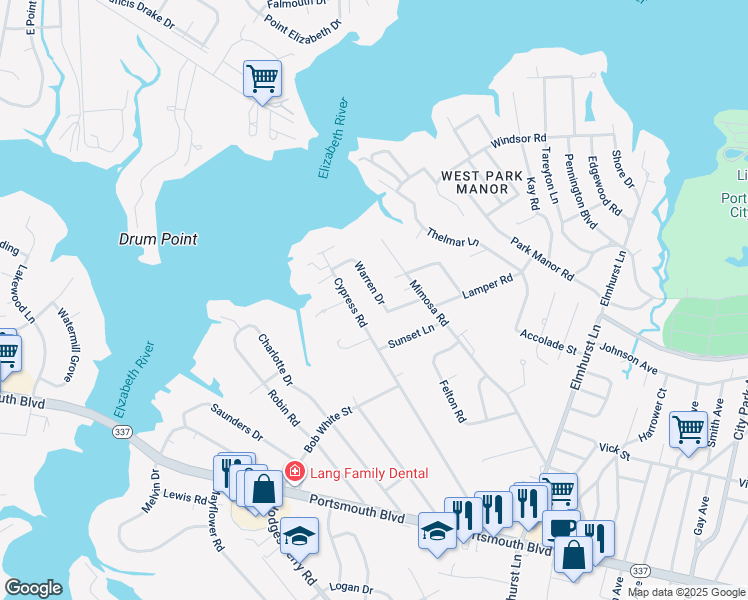map of restaurants, bars, coffee shops, grocery stores, and more near 36 Warren Drive in Portsmouth