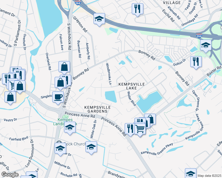 map of restaurants, bars, coffee shops, grocery stores, and more near 4851 Woods Edge Road in Virginia Beach