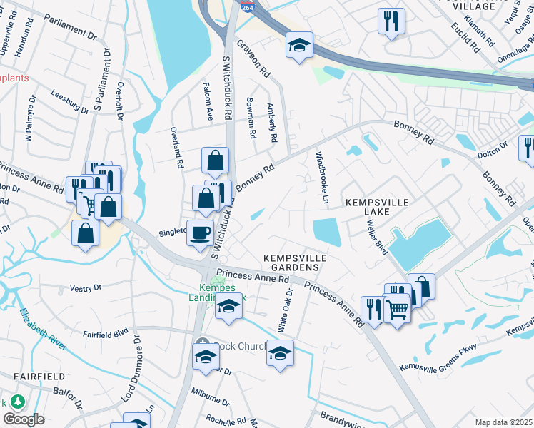 map of restaurants, bars, coffee shops, grocery stores, and more near 265 Mannings Lane in Virginia Beach