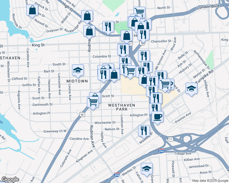 map of restaurants, bars, coffee shops, grocery stores, and more near 3419 Race Street in Portsmouth