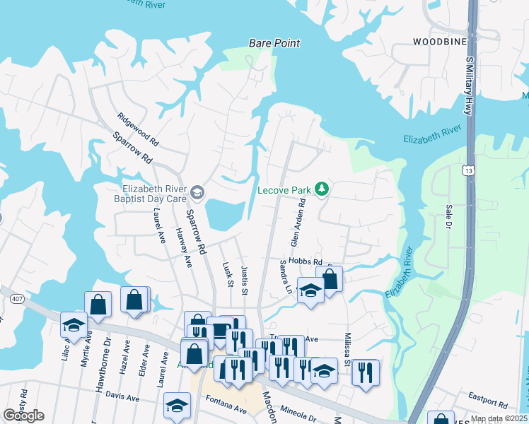 map of restaurants, bars, coffee shops, grocery stores, and more near 3435 Macdonald Road in Virginia Beach