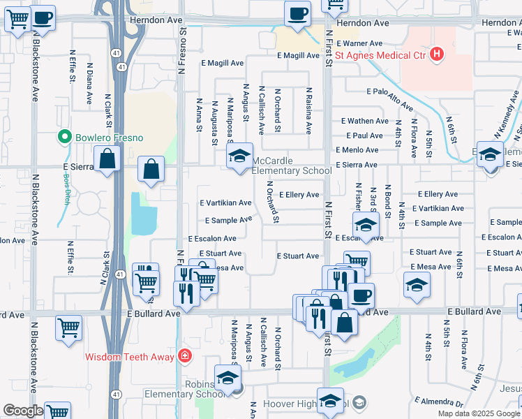 map of restaurants, bars, coffee shops, grocery stores, and more near 6276 North Callisch Avenue in Fresno